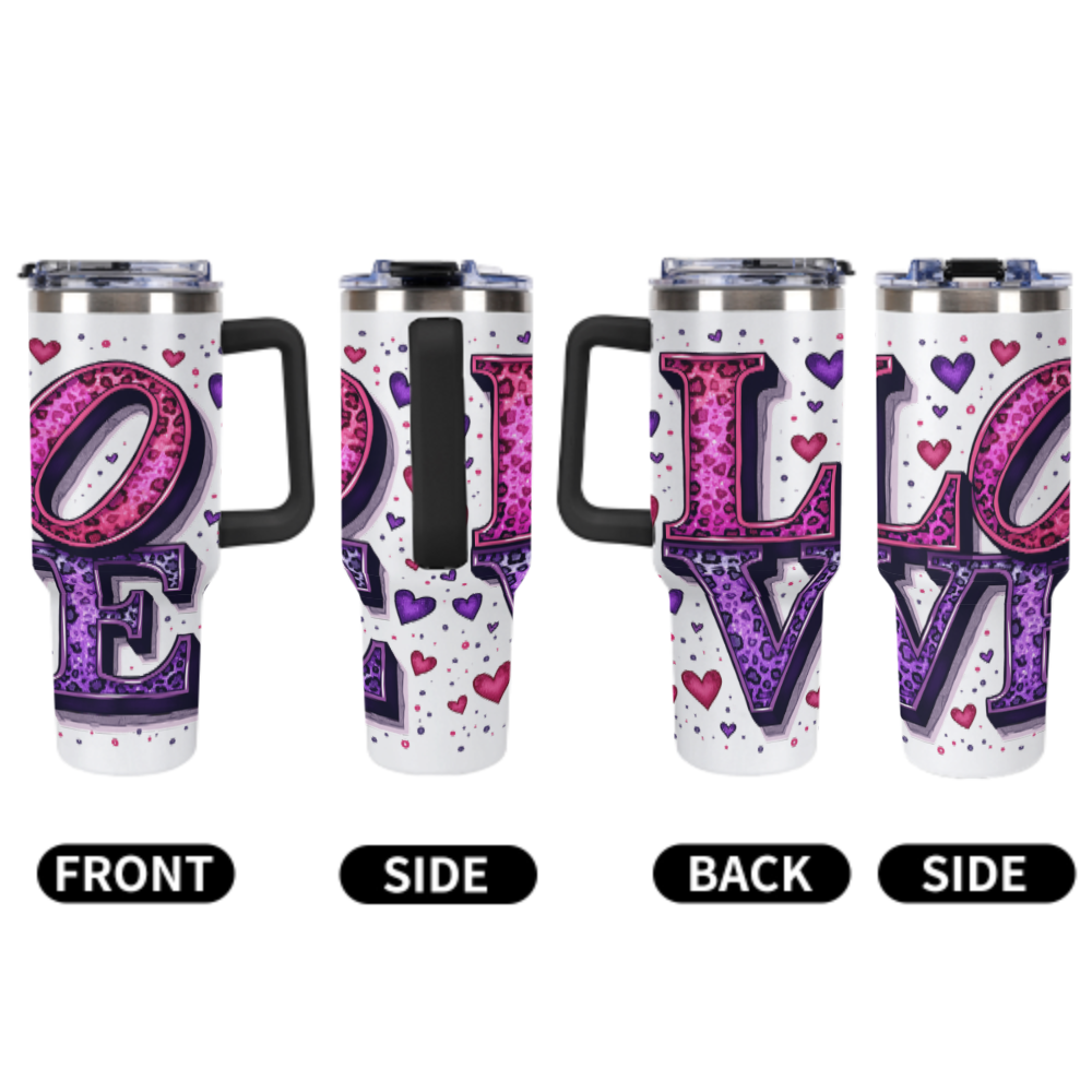 Tumbler with 'LOVE' design on a white background