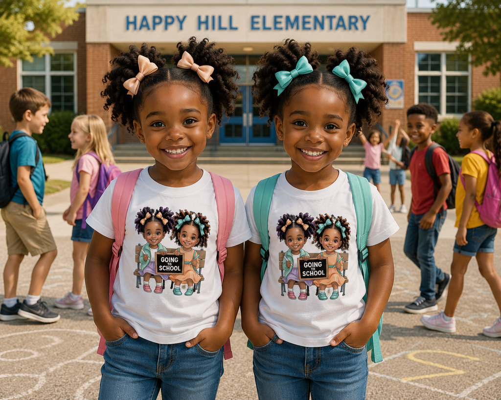 Back to School Twin Girls Shirt | Cute Black Girl First Day of School Graphic Tee | Elementary School Kids Shirt Starting at $20.00