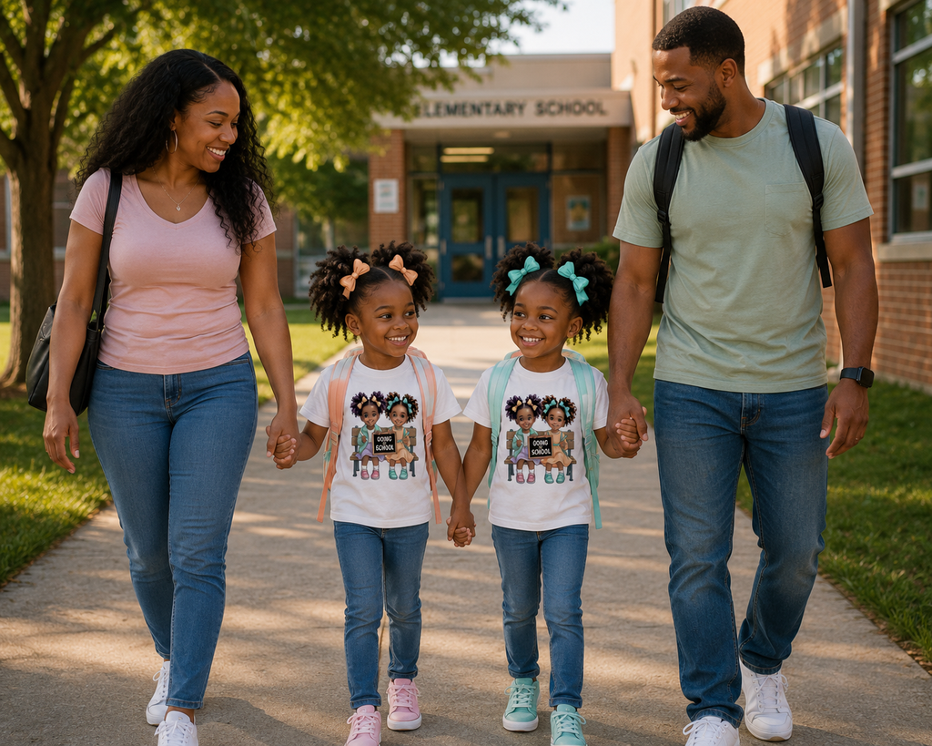 Back to School Twin Girls Shirt | Cute Black Girl First Day of School Graphic Tee | Elementary School Kids Shirt Starting at $20.00