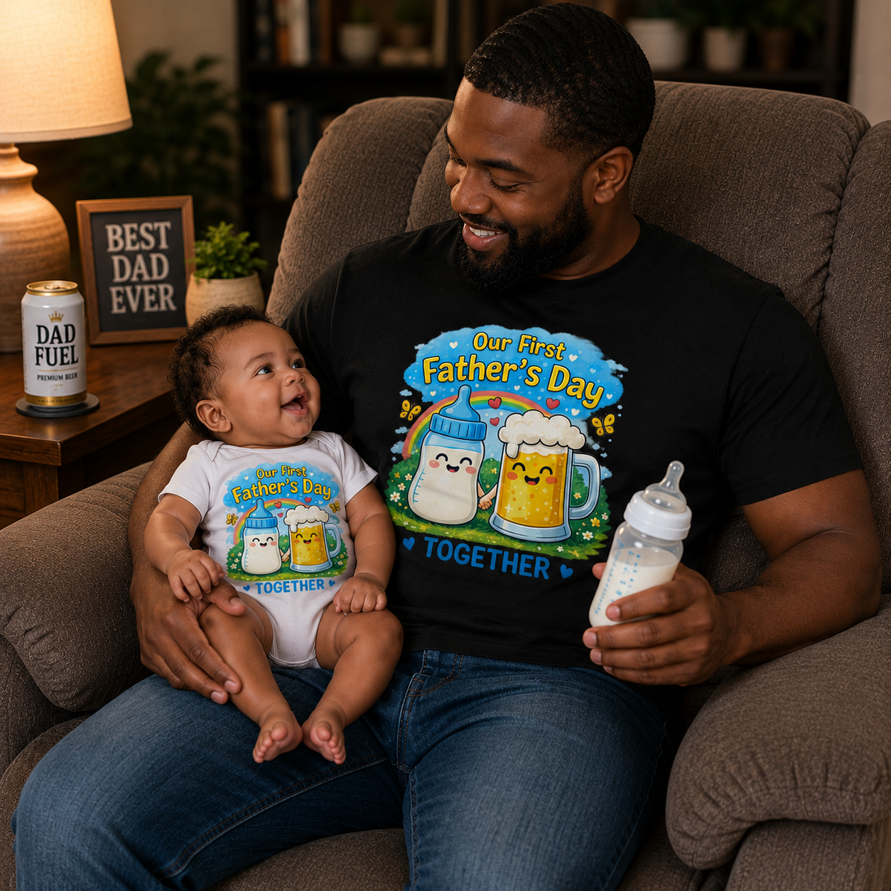 Our First Father’s Day Together Shirt – Cute Baby Bottle & Beer Mug Dad Tee Starting at $20.00