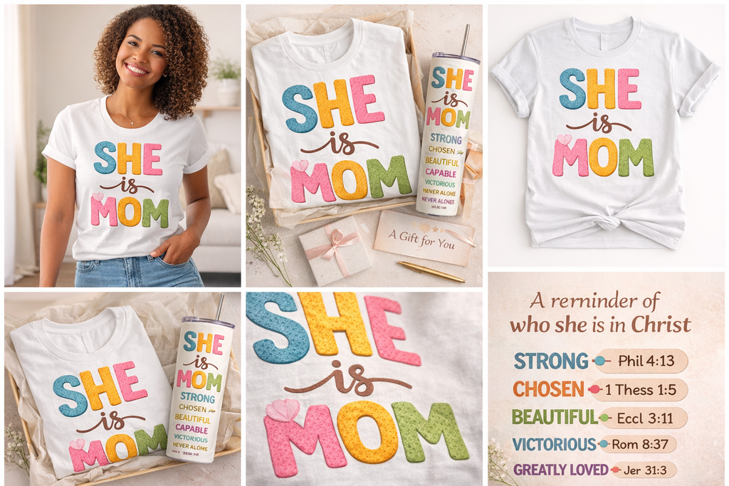 She Is Mom Christian Shirt – Faith-Based Mother’s Day T-Shirt – Inspirational Bible Verse Tee for Moms – Strong Chosen Beautiful Capable Victorious Starting at $20