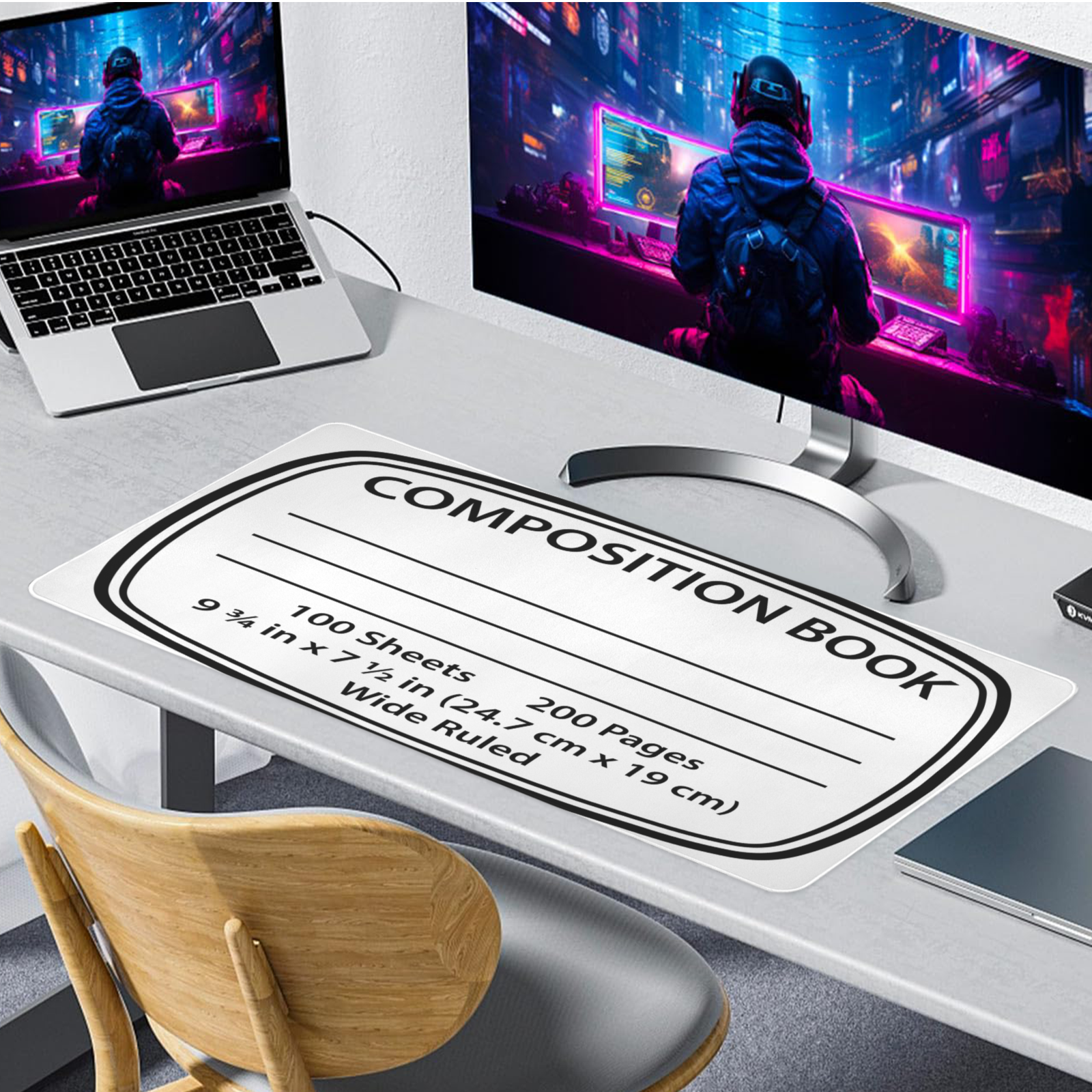 Desk setup with computer monitors, laptop, and a composition book on a desk.