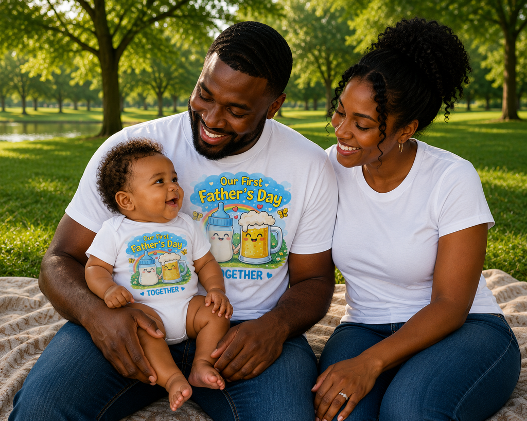 Our First Father’s Day Together Shirt – Cute Baby Bottle & Beer Mug Dad Tee Starting at $20.00