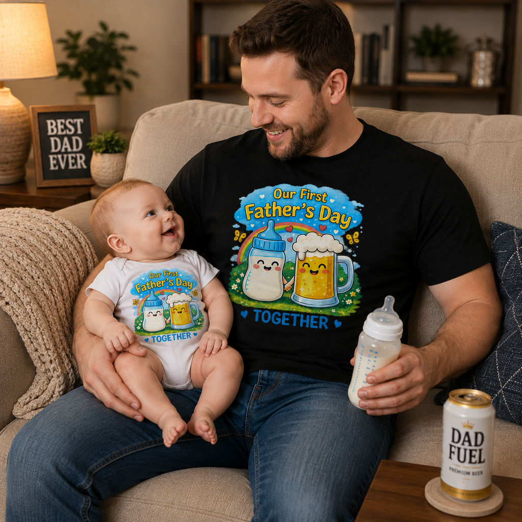 Our First Father’s Day Together Shirt – Cute Baby Bottle & Beer Mug Dad Tee Starting at $20.00