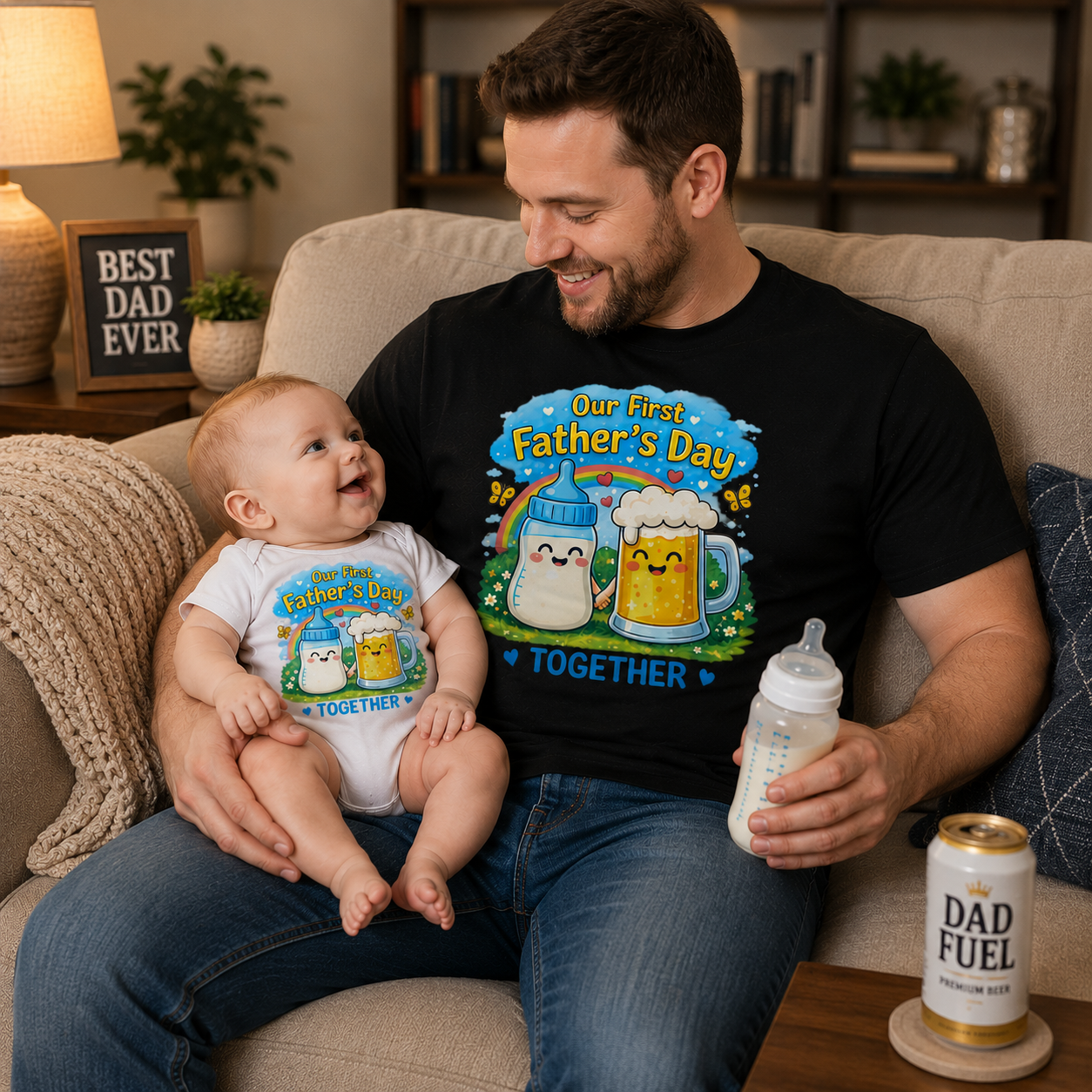 Our First Father’s Day Together Shirt – Cute Baby Bottle & Beer Mug Dad Tee Starting at $20.00